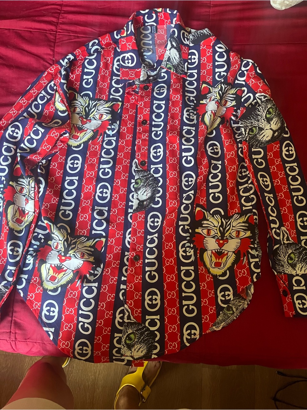 Gucci Red & Navy Logo Stripe Cat Print Button-Down Shirt